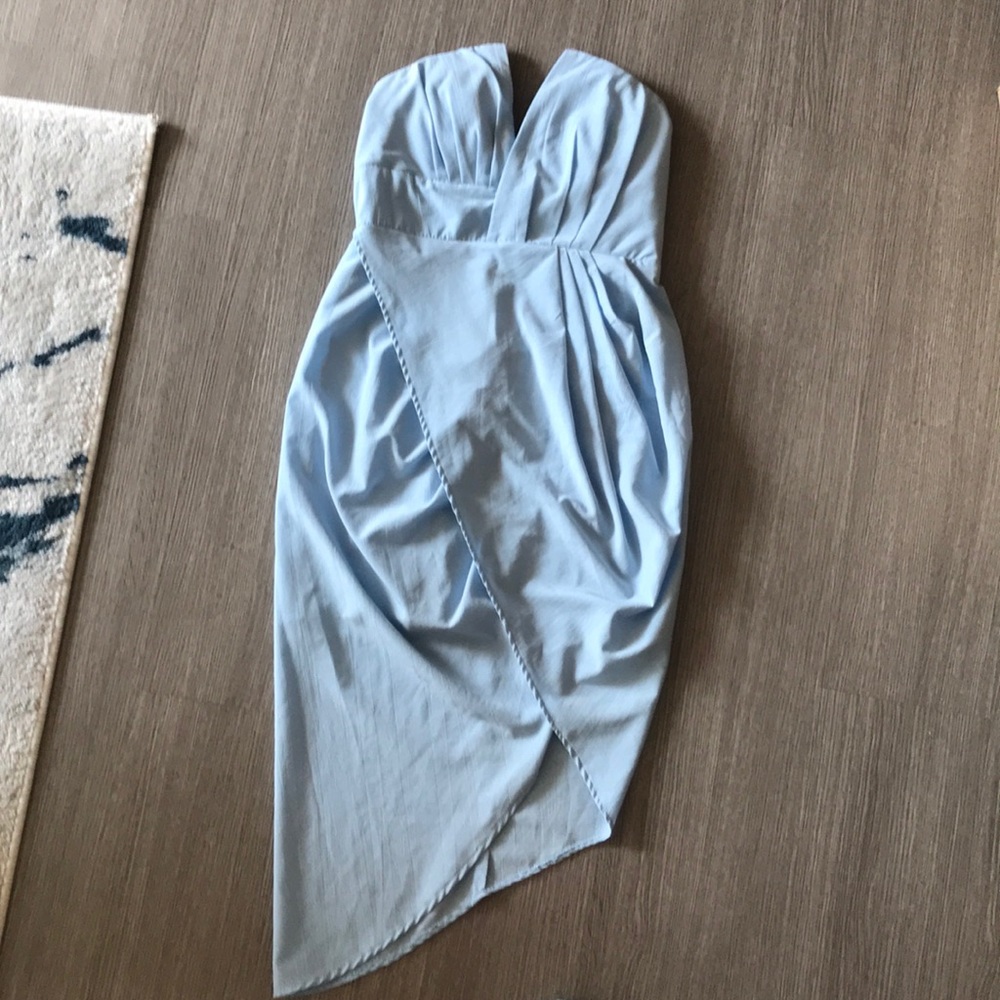 Beautiful strapless asymmetrical light blue dress